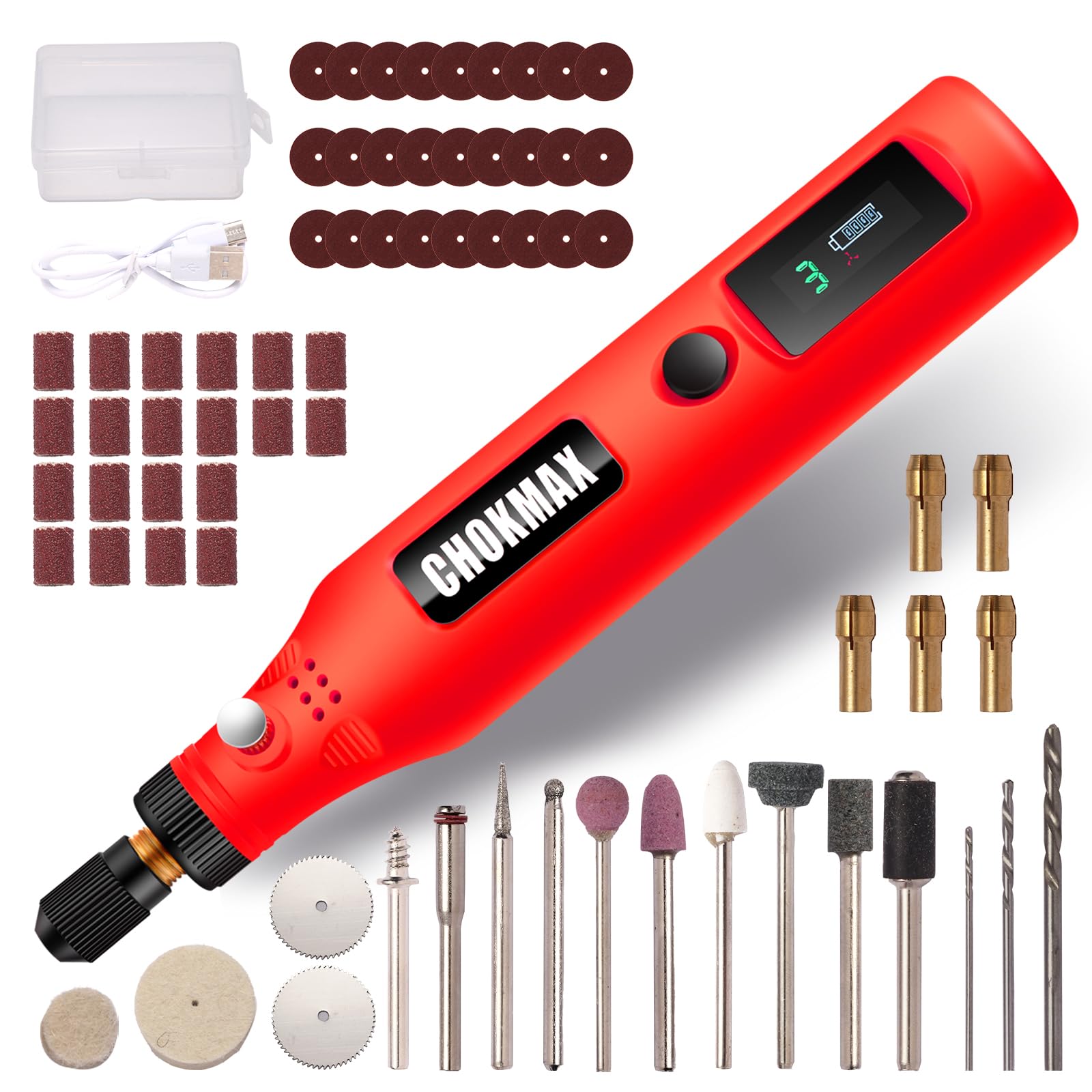 CHOKMAX Mini Cordless Rotary Tool with Work Screen, 3-Speed Grinder Kit with 72 Accessories, USB-C Charging Art Craft Tool for Sanding, Polishing, Grinding and Small DIY Job Red