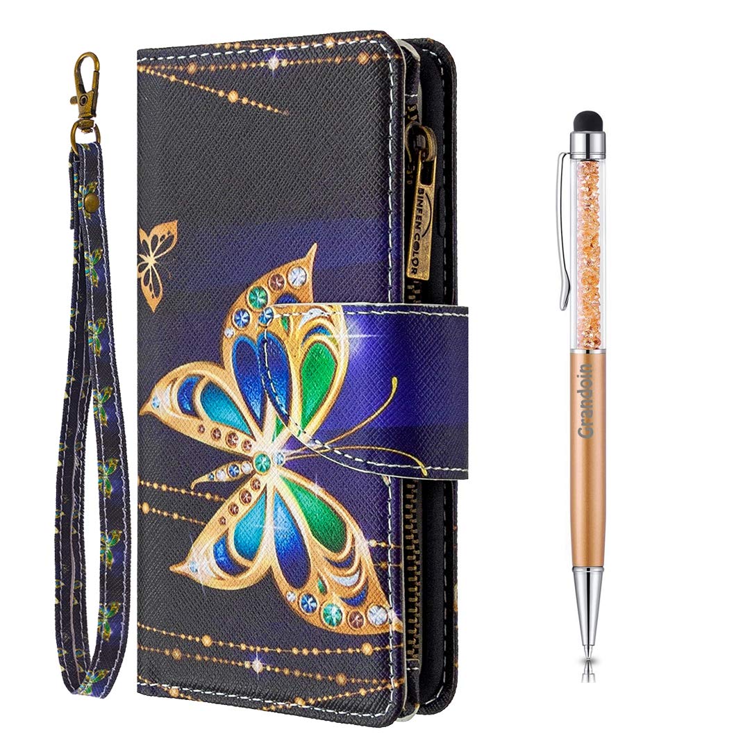 Grandoin Compatible with for Xiaomi Redmi Note 9 Pro/Note 9S Case, PU Colorful Zipper Leather Magnetic Flip Cover with Card Slots Holders [Soft Silicone Inner] Bookstyle Wallet Case (Big Butterfly)