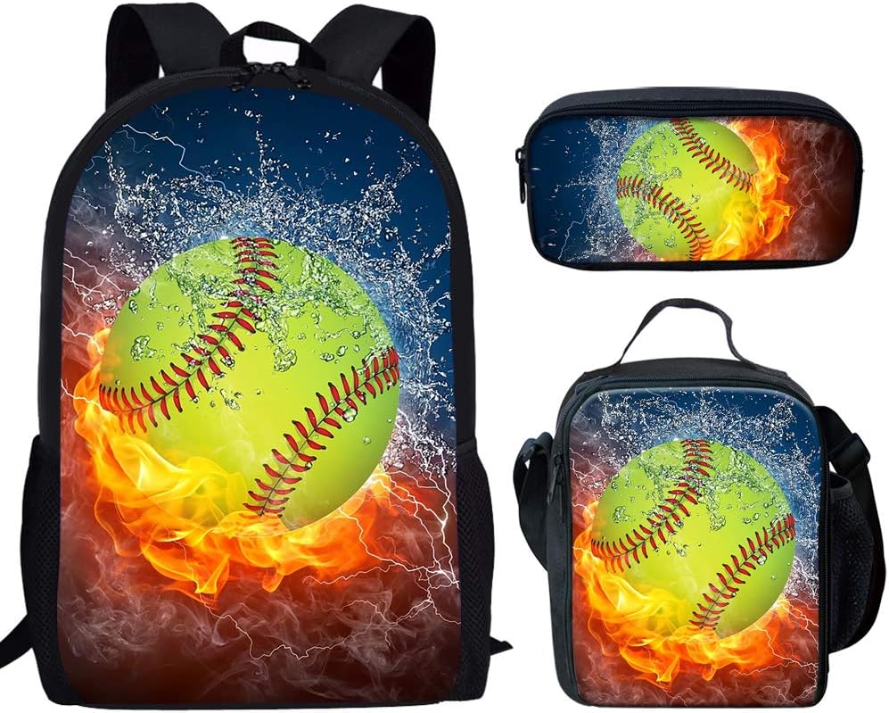 INSTANTARTSINSTANTARTS Fire Water Softball Ball Backpack Set School Bookbag Book Bag Lunch Box Pencil Case 3 in 1