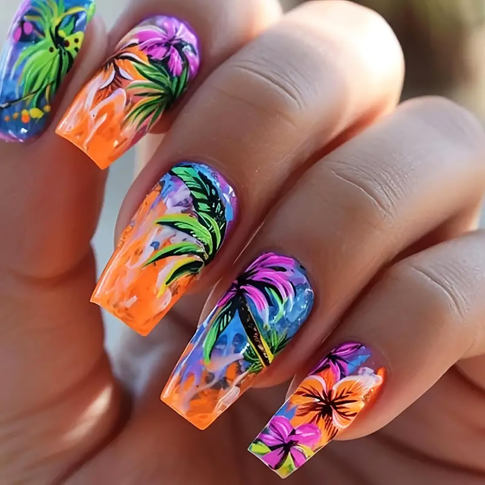Photo 1 of 24Pcs Summer Press on Nails Medium Fake Nails with Colorful Coconut Tree Design Full Cover Glossy Acrylic Nails Reusable False Nails Stick on Nails for Women Girls Summer Nail Art Decoration