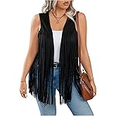 OYOANGLE Women's Plus Size Fringe Sleeveless Western Vest Open Front Cowgirl Costume Tank Top Shirt