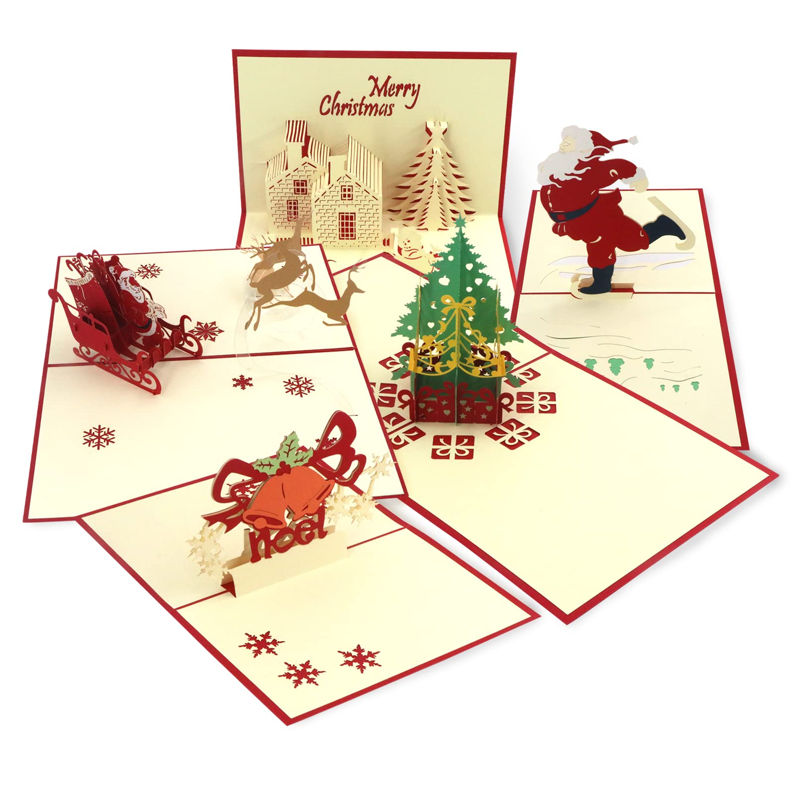 5PCS 3D Christmas Cards Pop Up Christmas Cards with Envelopes Xmas Gift Cards Laser Cut Greeting Cards Christmas Thank You Cards for Christmas New Year Holiday Birthday Gift
