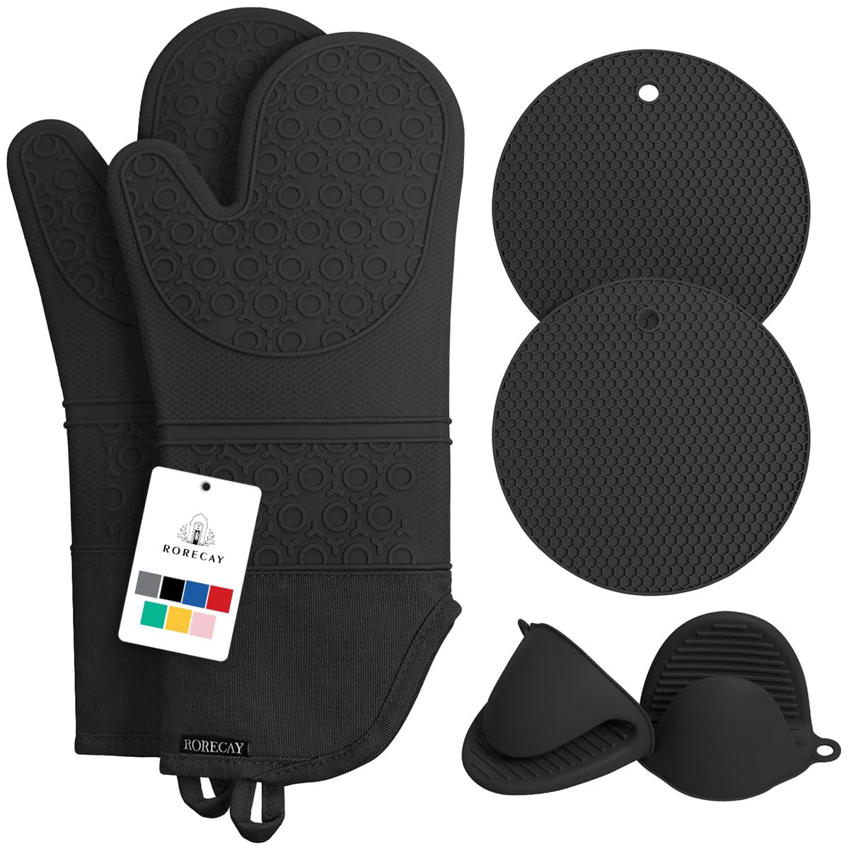 Photo 1 of Rorecay 6pcs Oven Mitts and Pot Holders Sets Heat Resistant 500 Degrees, Extra Long and Non-Slip Silicone Oven Gloves Potholders Hot Pads for Kitchen Baking Cooking, Quilted Liner, Black