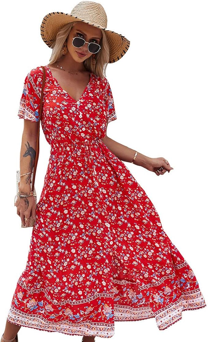 Cocobla Women Button V Neck Floral Dress Summer Short Sleeve Long Flowy