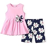 PATPAT Girls Summer 2 Piece Outfits 4-12Y Butterfly Bow Sleeveless Tunic Tops and Floral Print Shorts Cute Clothes
