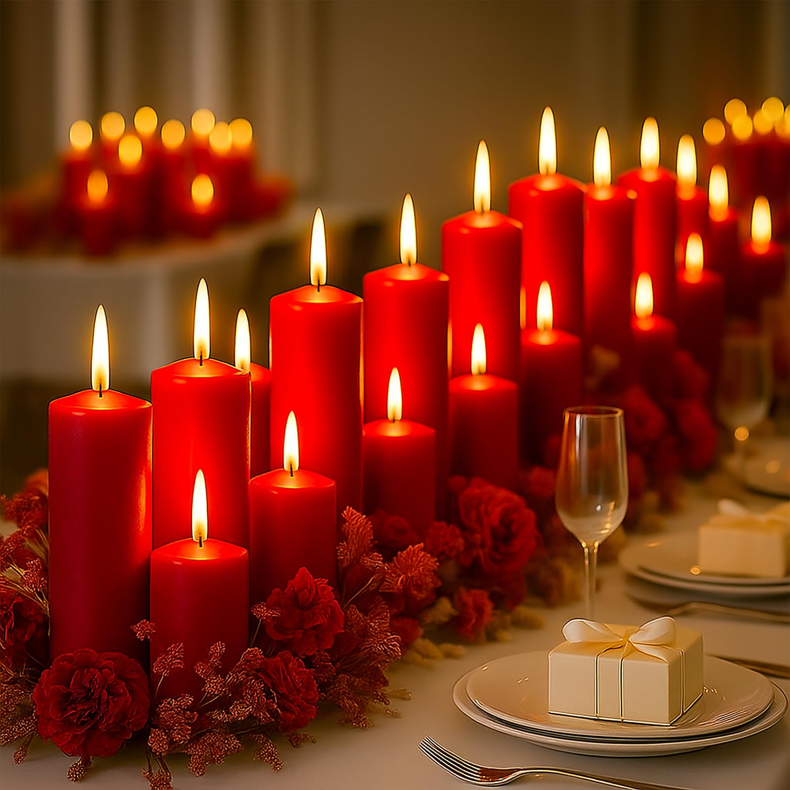 Photo 1 of Veiuwa 36 Pcs Red Pillar Candles Bulk Set?Hurricane Candles?3 Different Lengths (12 Each)?Dripless Unscented Smokeless?Gives You a Better Atmosphere When Organizing Wedding or Event Party.