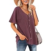 Beluring Women's Shirts V Neck Short Sleeve Waffle Knit Button Up Tunic Tops Blouse