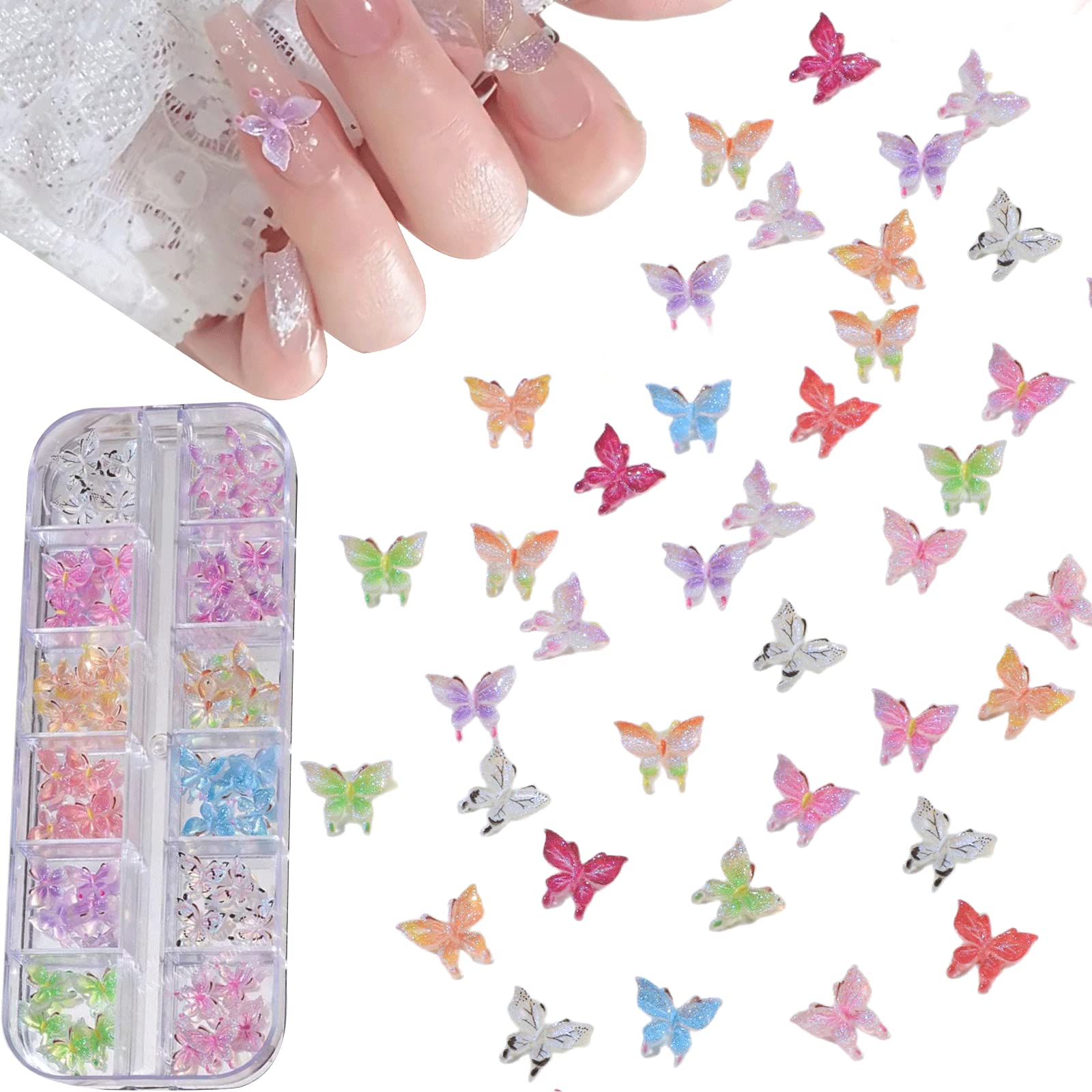 3D Butterfly Nail Charms,1Box 12Grids Resin Colorful Butterfly Nail Art Charms,Mini Cute Nail Art Decorations for Women Girls Manicure Design DIY Crafts (Colorful A)