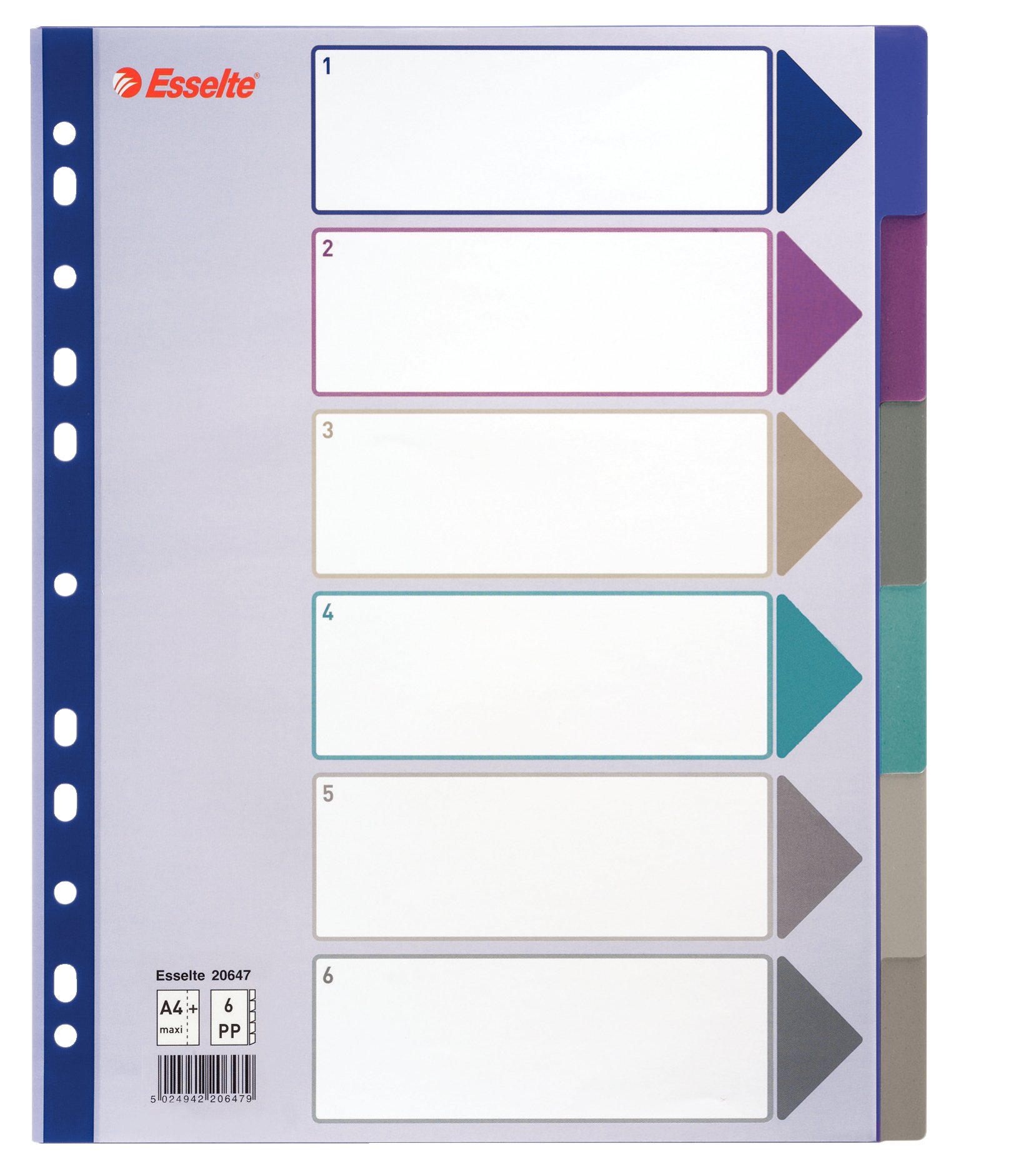 Esselte Mylar File Separator Made of Polypropylene with Mylar Reinforcement, Multicoloured 6 Keys A4 Maxi Multi-Coloured