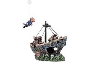 AWXZOM Aquarium Shipwreck Decoration + Little Diver Floating Fish Tank Decoration, Fish Tank Ornaments