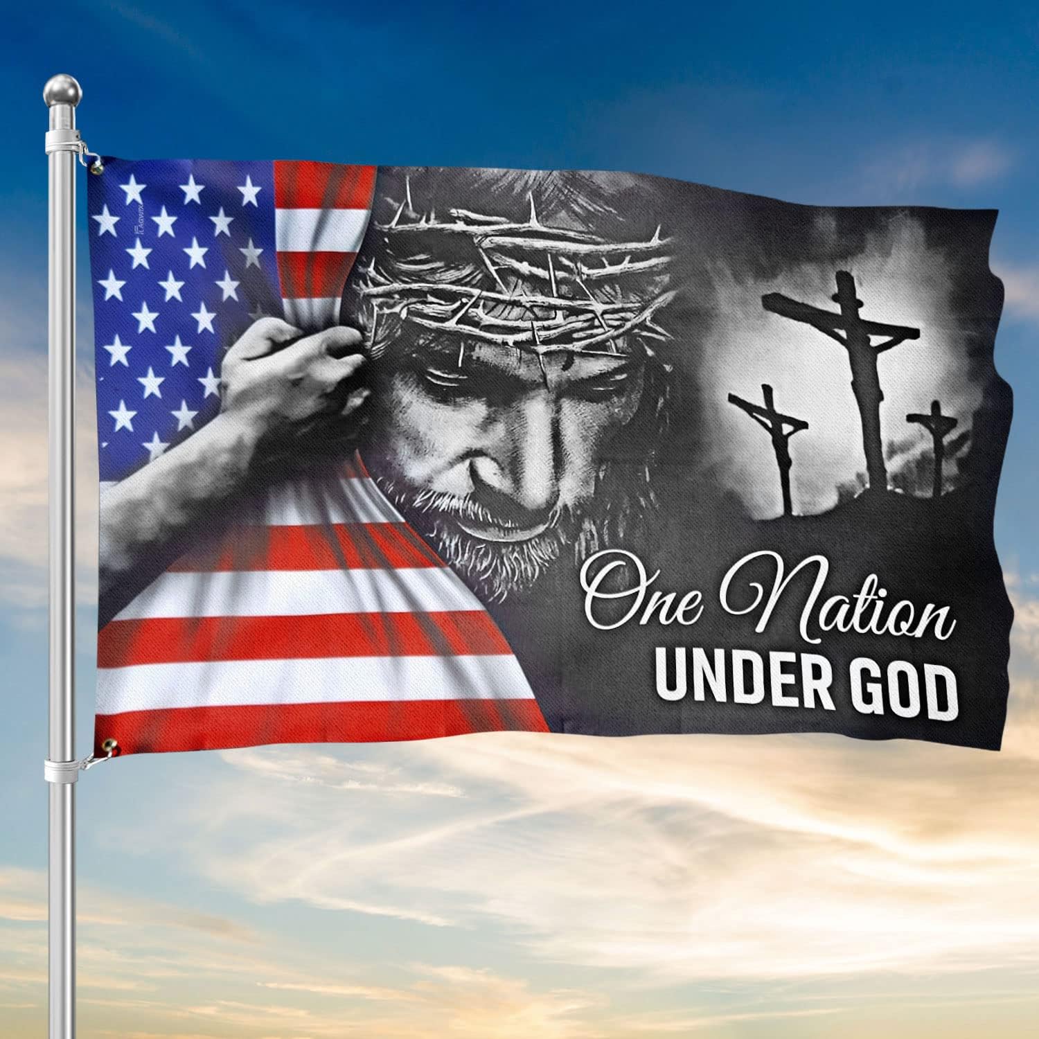 Flags - 3x5 Patriotic American Flags, One Nation Under God American Jesus Flag - Double Sided, Heavy Duty Canvas, Fade Resistant - Decorations For Home, Outside, Indoor, Outdoor Decor Flag with Grommets