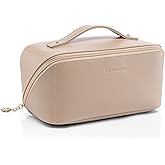 VLANDO Makeup Bag,Large Capacity Travel Toiletry Bag,Cosmetic Bags for Women PU Leather Waterproof Portable Pouch with Divider & Handle-Toffee