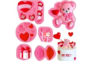 JJZXWISH 6 Pcs Valentine's Day Fondant Molds Wedding Fondant Cake Molds Bear Heart Love Lips Gift Shape Candy Silicone Molds Chocolate Mould for Cake Topper Polymer Clay Soap Wax Making Party Supplies
