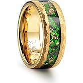 Zillaly 8mm Men's Tungsten Carbide Ring Gold/Black Hammered Meteorite Shavings Gold Foil Inlay Galaxy Nebula Green Opal Engagement Wedding Ring Matte Finish Comfortable Fit