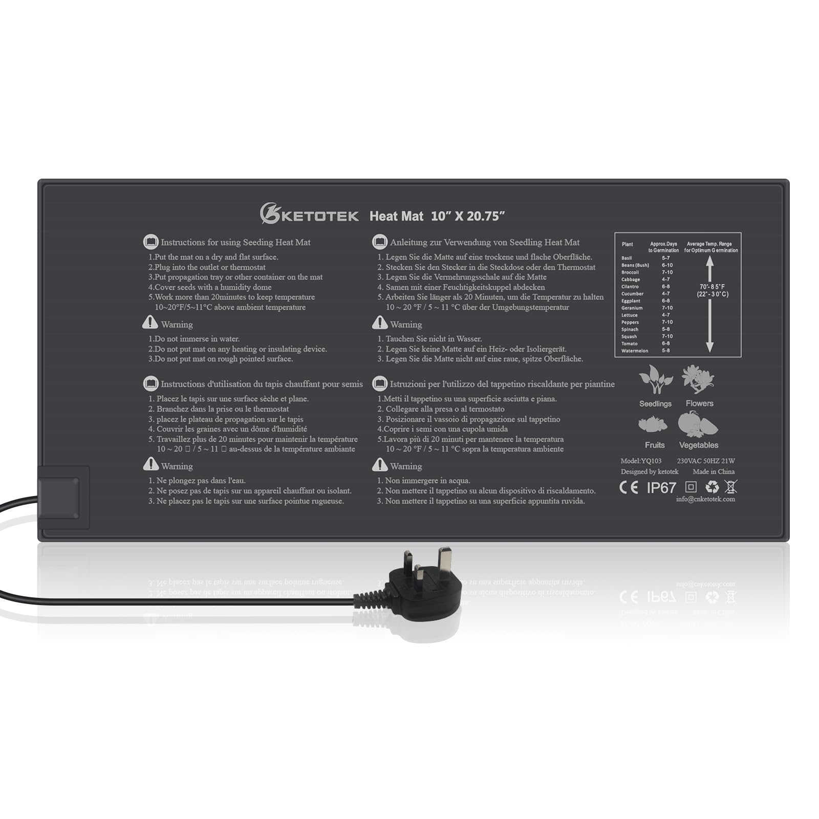 KETOTEK Seedling Heat Mat, Seed Heating Mat Plant Warming Pad 220V Seed Germination Heat Mat Waterproof 21W