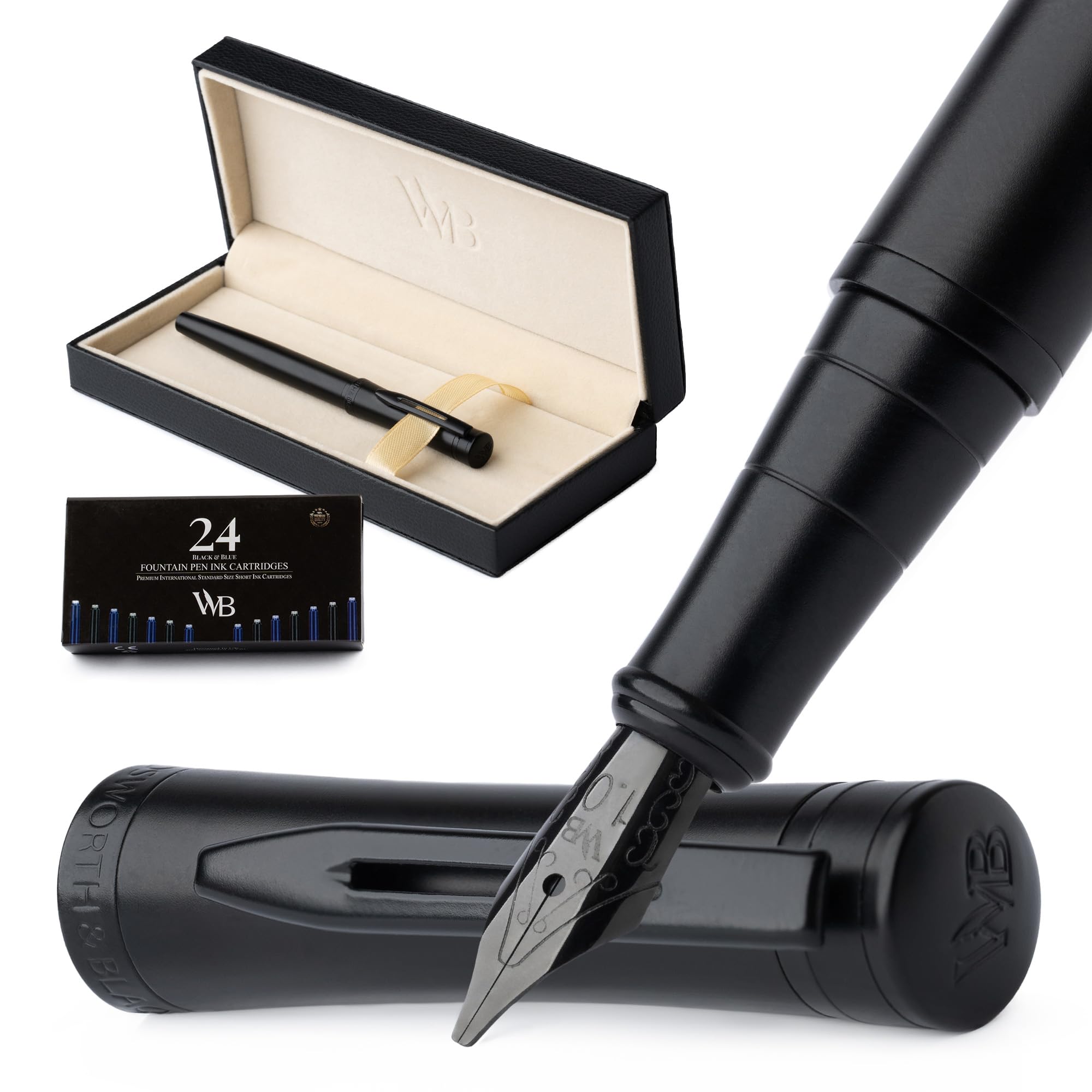 Wordsworth & Black Fountain Pen Set, Broad Nib, Includes 24 Pack Ink Cartridges, Ink Refill Converter & Gift Box, Calligraphy, [All Black], Perfect for Men & Women