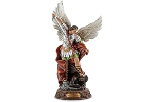 DevotedWalls St Michael The Archangel Painted in Full Color,12" H San Miguel The Great Protector Archangel Statue with Wings,St. Archangel Michael Defecting with Satan on Base with Name Plate
