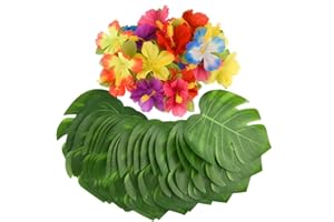 KUUQA 60 Pcs Tropical Party Decoration Supplies 8" Palmtera Hibiscus Leaves and Flowers, Simulation Leaf for Hawaiian Luau Party Jungle Beach Theme Table Decorations