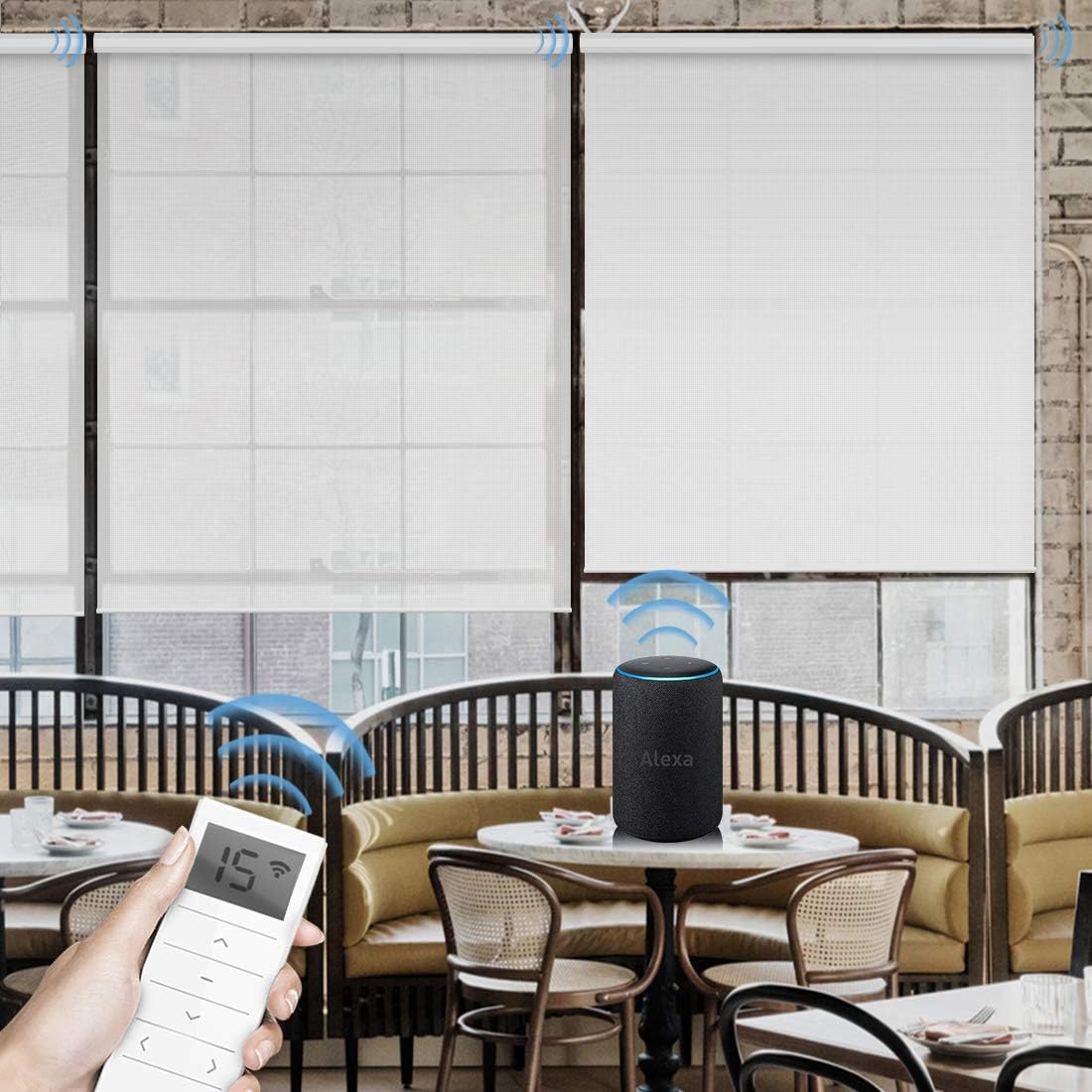 Graywind Motorized Roller Shades 50% Light Filtering Window Shades Fireproof Roller Blinds Cordless Window Blinds with Valance for Smart Home & Office & Business Places, Customized Size, White