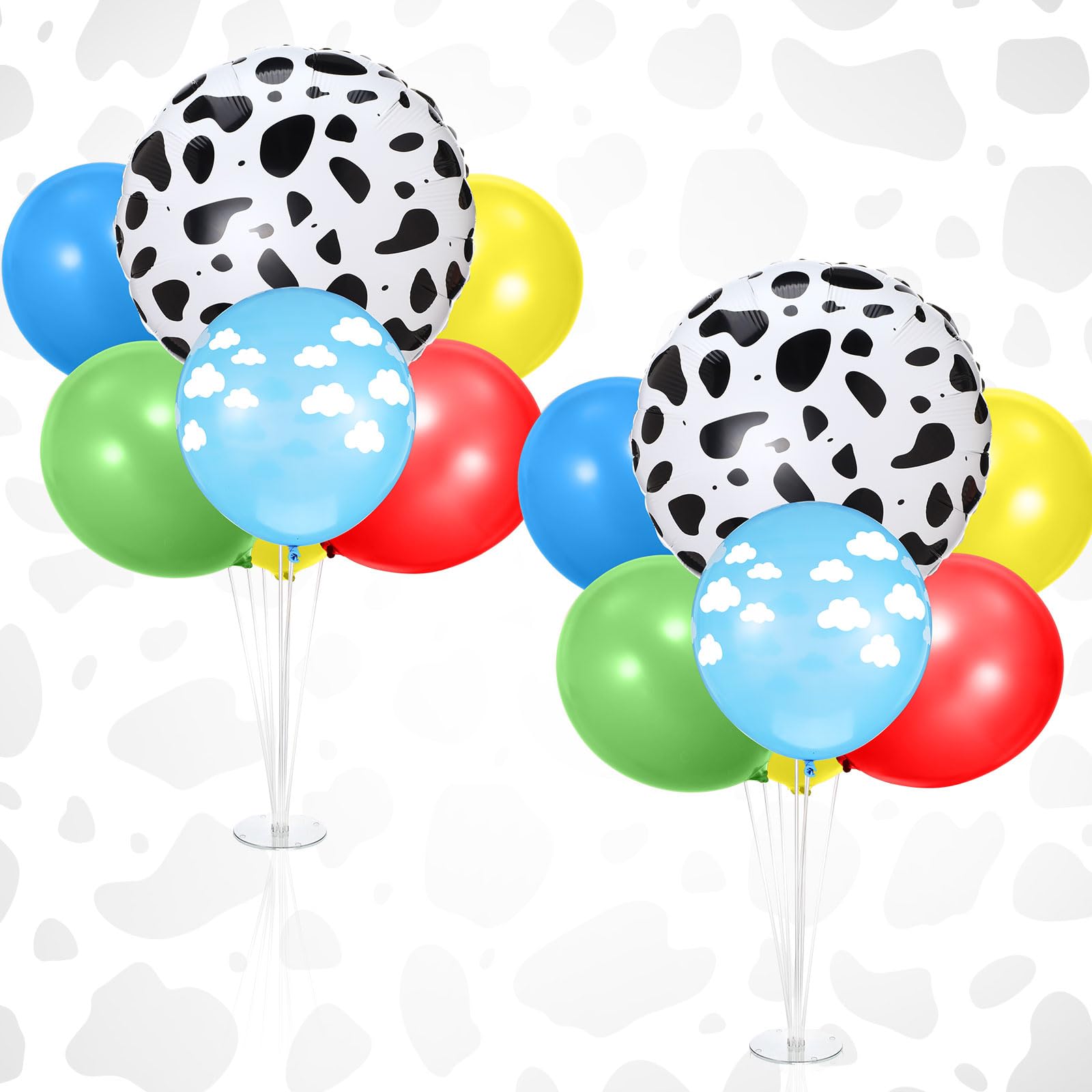 Photo 1 of Charnoel 2 Sets Cartoon Birthday Party Decorations Table Centerpiece Red Yellow Blue Balloon Stand Kit with Cloud Cow Print Foil and Latex Balloon for Baby Shower Farm Animals Wedding Supplies