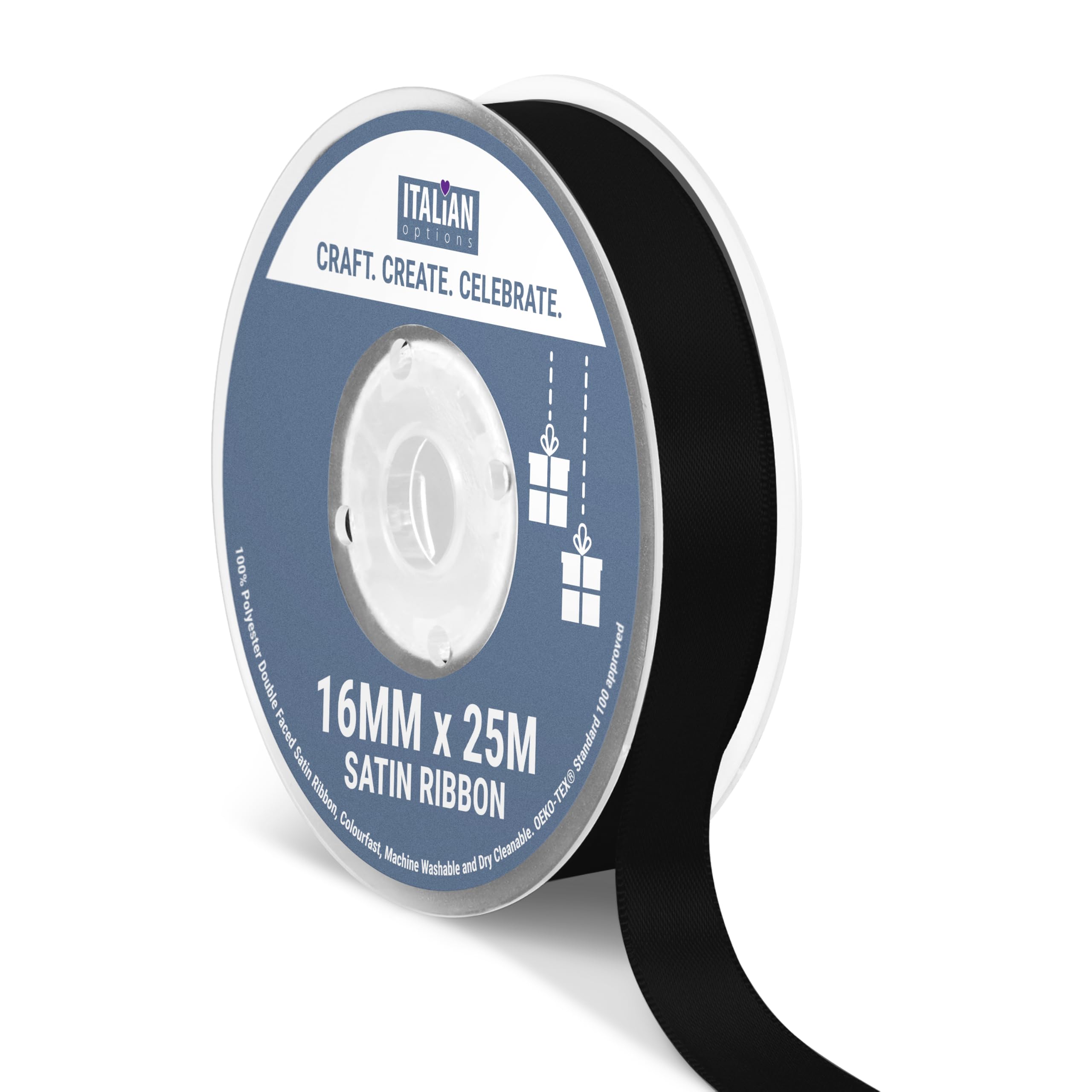 Italian Options Satin Ribbon, Fabric Ribbons for Gift Wrapping, Crafting, Balloons, Wedding Car, Presents, Cake, Christmas, Birthday, Gift Wrap Accessories, 16mm Wide x 25 Metre Roll, Black