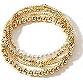 CLOORDE 4 Pcs Gold Beaded Bracelets for Women Layered 14k Gold Plated Beads Bracelets Trendy Stretch Stack Pearl Golden Beaded Brace-lets Wedding Party Prom Hand Jewelry Accessories Gifts for Her
