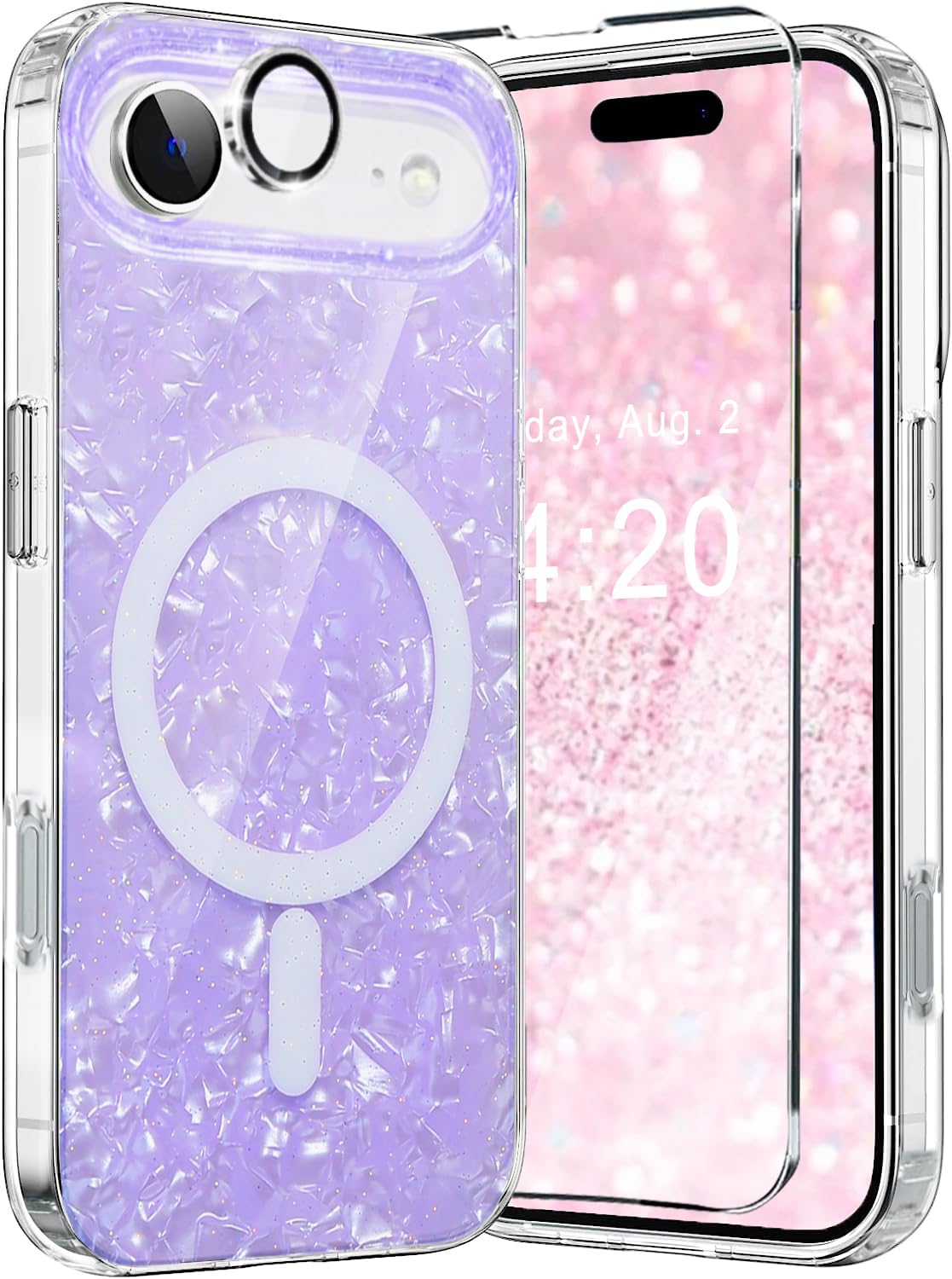 WATEFULL Case Compatible iPhone Air MagSafe Purple Opal Pearly Glitter Sparkly 2025, Bling Magnetic Translucent Bumper Case +1 Screen 1 Camera Protector for Women Girl iPhone Air 6.5"(Purple Opal)