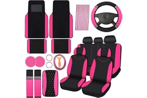 BBTO 43 Pcs Bling Car Accessories Set for Women Front Seats and Rear Bench Polyester Car Seat Protectors Wheel Cover Seat Floor Mats Full Crystal Automotive Interior Decor(Rose Red)