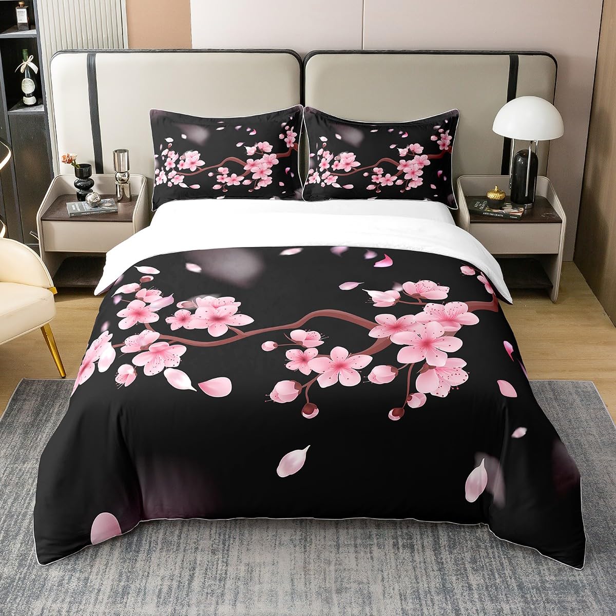 Loussiesd Cherry Blossoms 100% Cotton Duvet Cover King Size Japanese Style Bedding Cotton Duvet Cover Set Decor Sakura Flower Comforter Cover Set Floral Botanical Pink Black Bedspread Cover