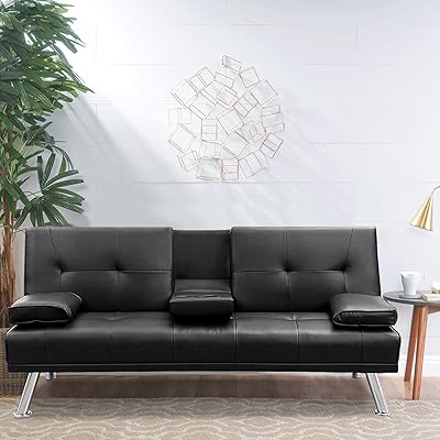 MIERES Faux Leather Convertible Futon Sofa Bed with Armrest