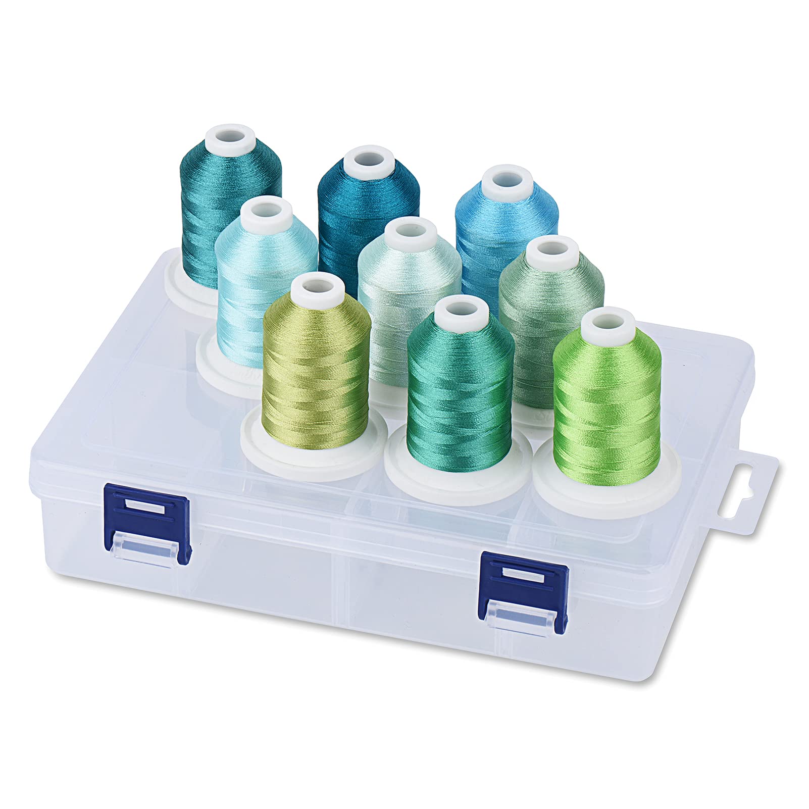 Simthread Embroidery Thread with Storage Box - 12 Options - 800 Yards/Spools, 9 Turquoise and Mint Green Colors for Embroidery and Sewing Machine