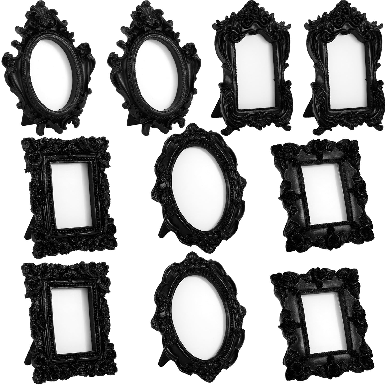 Photo 1 of *MISSING PARTS UNKNOWN*
Maitys 10pcs Mini Picture Vintage Frames with Stands Tiny Antique Photo Baroque Ornate Resin Oval Frame Table Top Display Home Wedding Decor (Black)