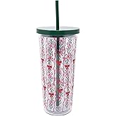 Martha Stewart Double Wall Tumbler with Lid and Reusable Straw, Floral Plastic Cup, Insulated Travel Cup Holds 24 Ounces (Holiday Bow Stripe)