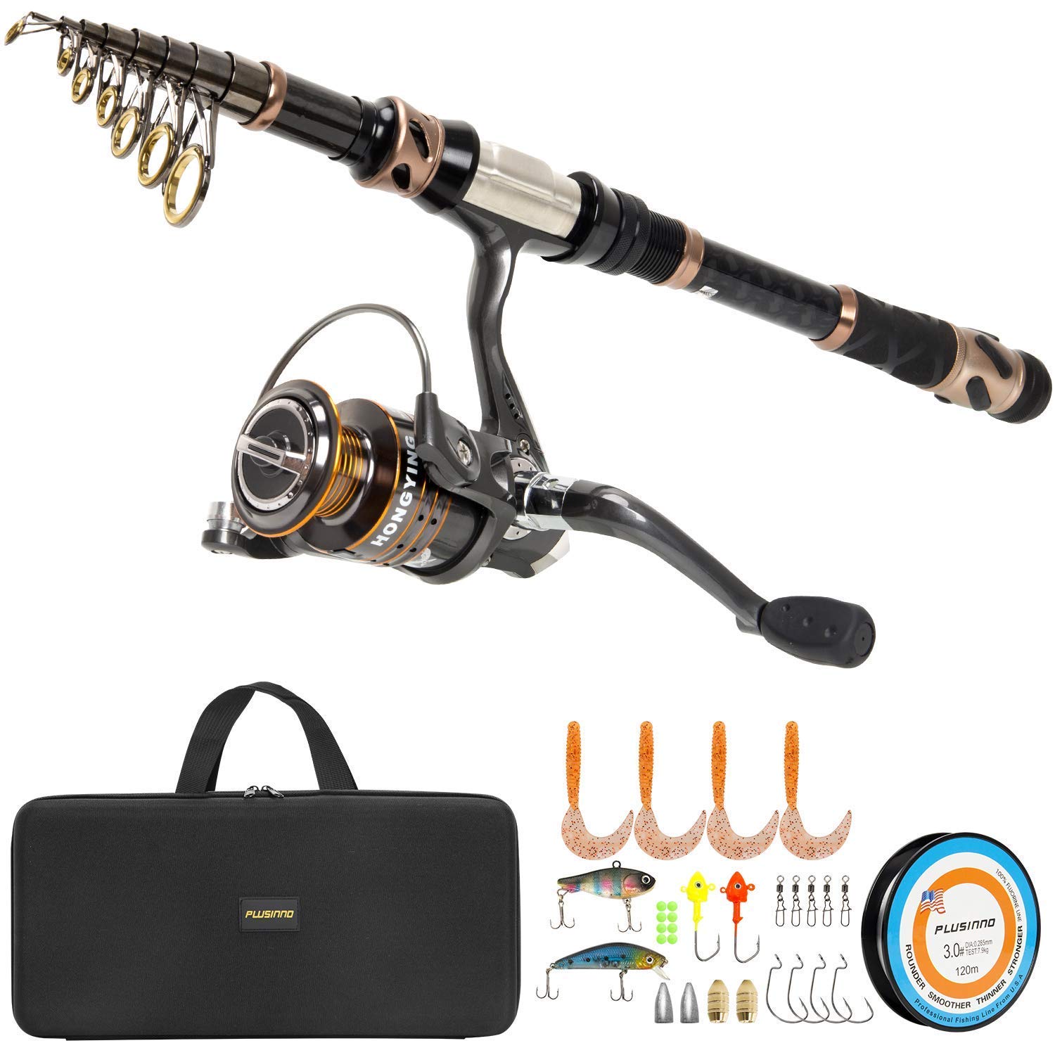 plusinno fishing rod and reel combos - carbon fiber telescopic fishing pole - spinning reel 12 +1 shielded bearings stainless steel bb
