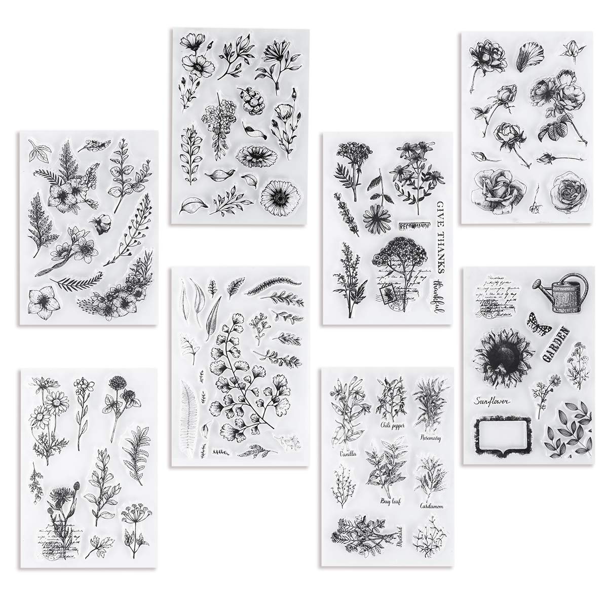 UCEC 8 Sheets Flower Clear Stamps for Card Making, Silicone Stamps for Crafting, Flower Stamp Clear Rubber Flowers Vintage Plants and Decoration and DIY Scrapbooking