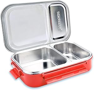 Signoraware Stainless Steel Bento Lunch Box | 20-Ounce Eco Friendly Portion Control Lunchbox Containers | 2-Compartment Metal Food Pail With Cover That Prevents Leaks & Spills (Red)