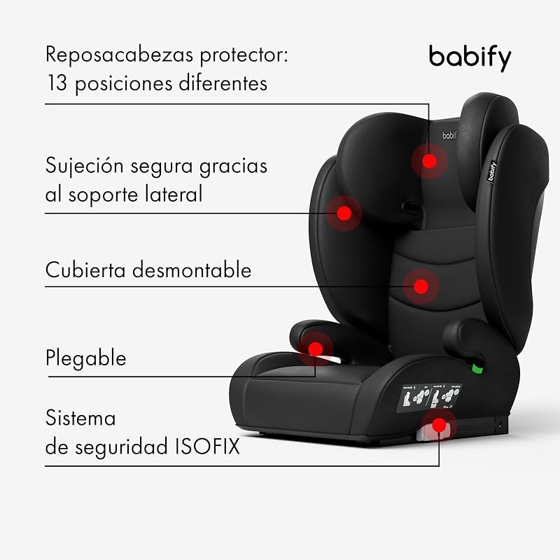 Babify FlexiFit Basic Baby Car Seat - Grupo 2/3 (15-36 kg), ISOFIX, Encosto de cabeça de 13 posições, Dobrável, Capa Lavável, ECE R129, Preto