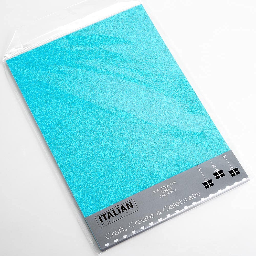 Italian Options Non-Shed Glitter Cardstock Paper, Sturdy Glitter Card for Electronic Die-Cutter Machines, Christmas Crafts and Card Making Supplies, 10 Coloured Sheets, A4, 250gsm, Celeste Blue