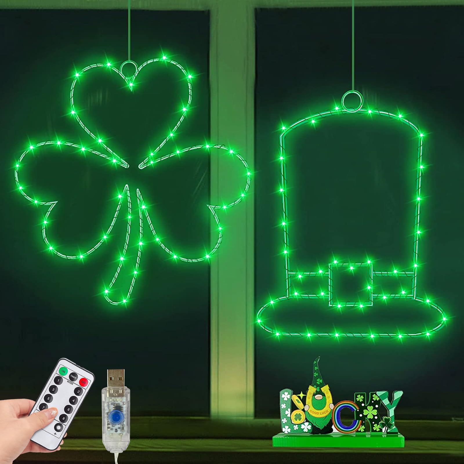Photo 1 of 2 Pack St. Patrick's Day Window Lights with Timer St Patricks Day Decor 12" 40 LED Shamrocks 36 LED Leprechaun Hat 8 Modes and Remote USB Powered Irish Green Silhouette Lights for Window Home Indoor