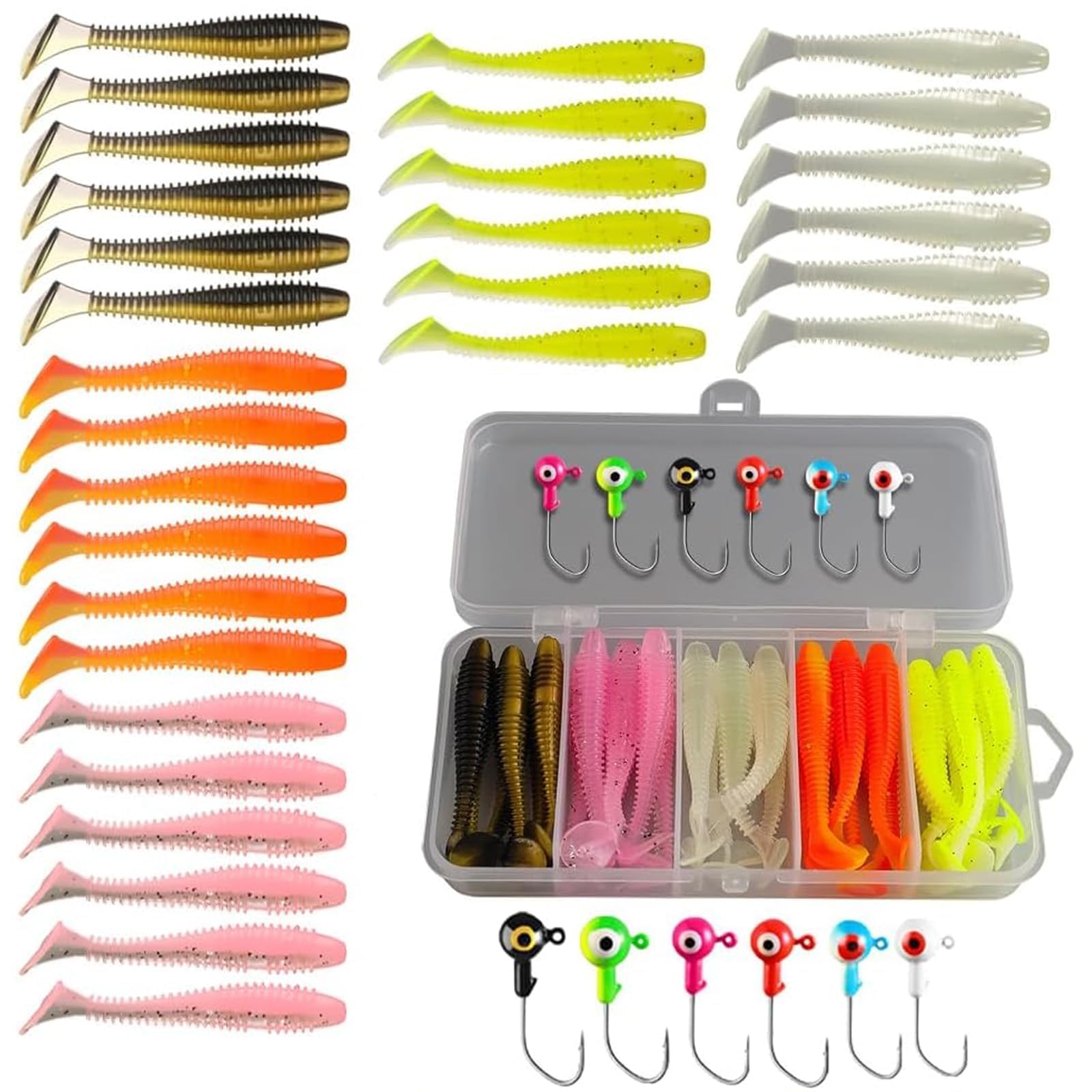 VZU 37 PCS Fishing Lures with Jig Heads, Soft Plastic Grubs with Lure Box, Soft Fishing Lures for Bass Freshwater Saltwater Crappie Trout Versatile Freshwater and Saltwater Bait