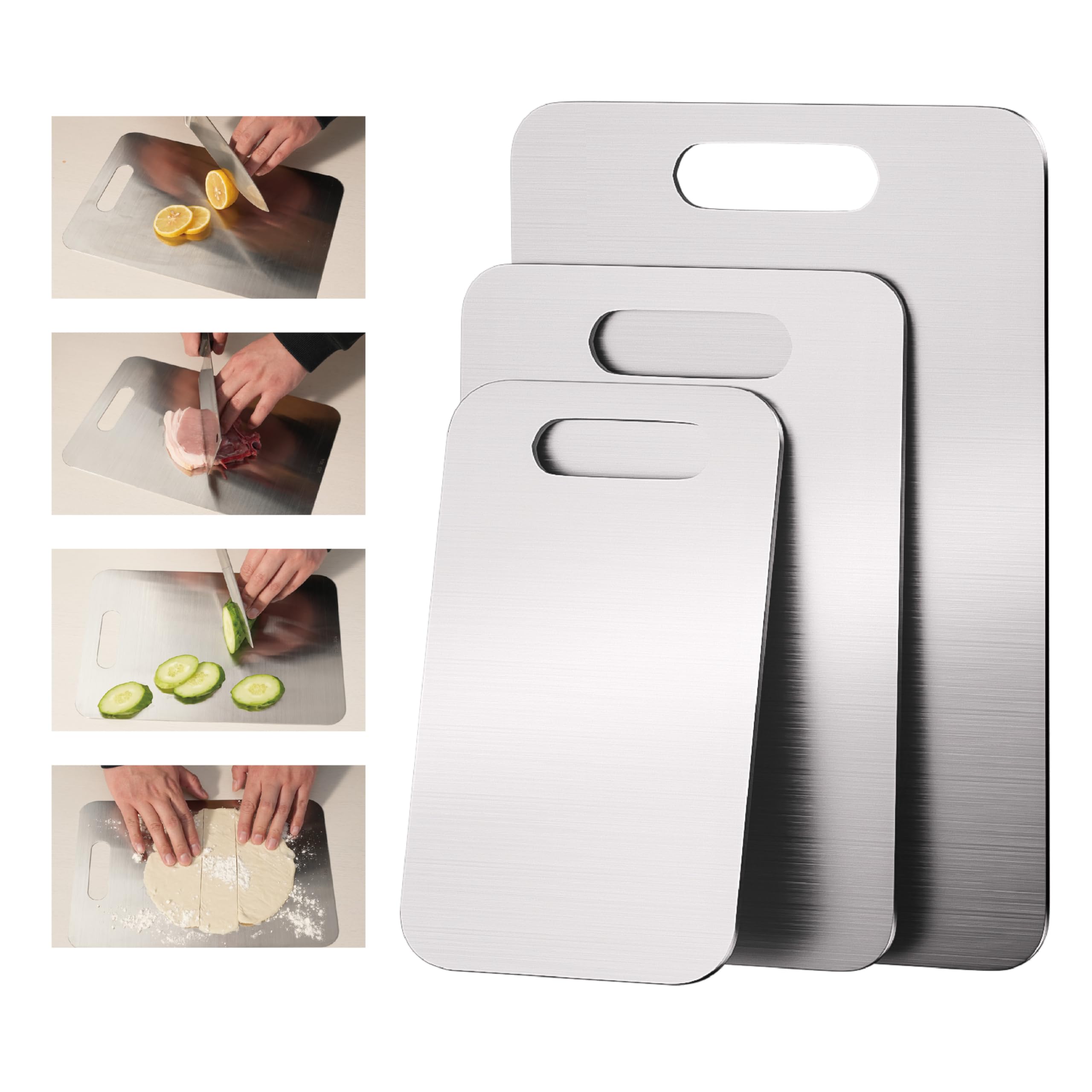 Photo 1 of Stainless Steel Cutting Boards for Kitchen, 304 Steel Chopping Boards for Meat, Fruits & Break, Non-Slip, Dishwasher Safe, Pack of 3 (15.3"x11", 13.4"x9", 11.8"x8")