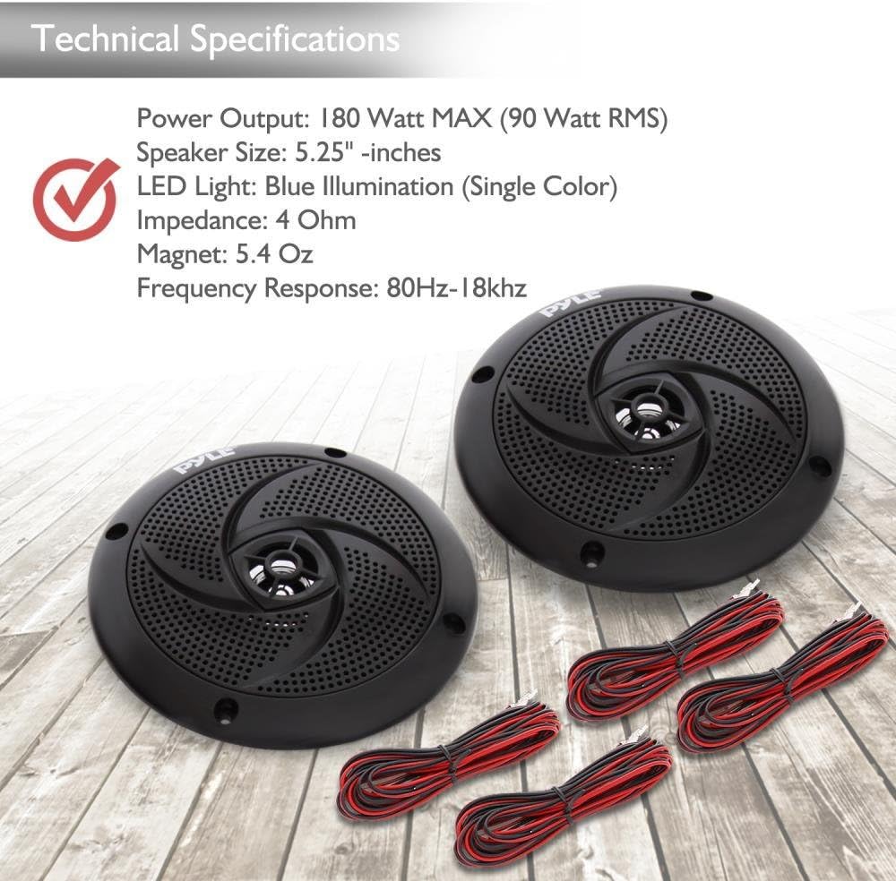 Pyle Marine Speakers - 5.25 Inch 2 Way Waterproof and Weather Resistant Outdoor Audio Stereo Sound System with LED Lights, 180 Watt Power and Low Profile Slim Style - 1 Pair - PLMRS53BL (Black)