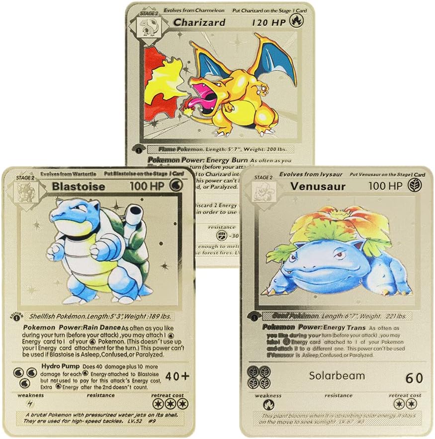 Amazon Com Metal Pokemon Cards Charizard Blastoise Venusaur Base Set Gold Toys Games