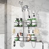Sewulidon Stainless Steel Hanging Shower Caddy for Handheld Shower Heads,Adjustable Height Extra Long Bathroom Shower Organizer Hanger Rack with Hooks,Soap Holder