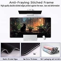 Black Cat Desk Mat Green Plants Desk Pad Anime
