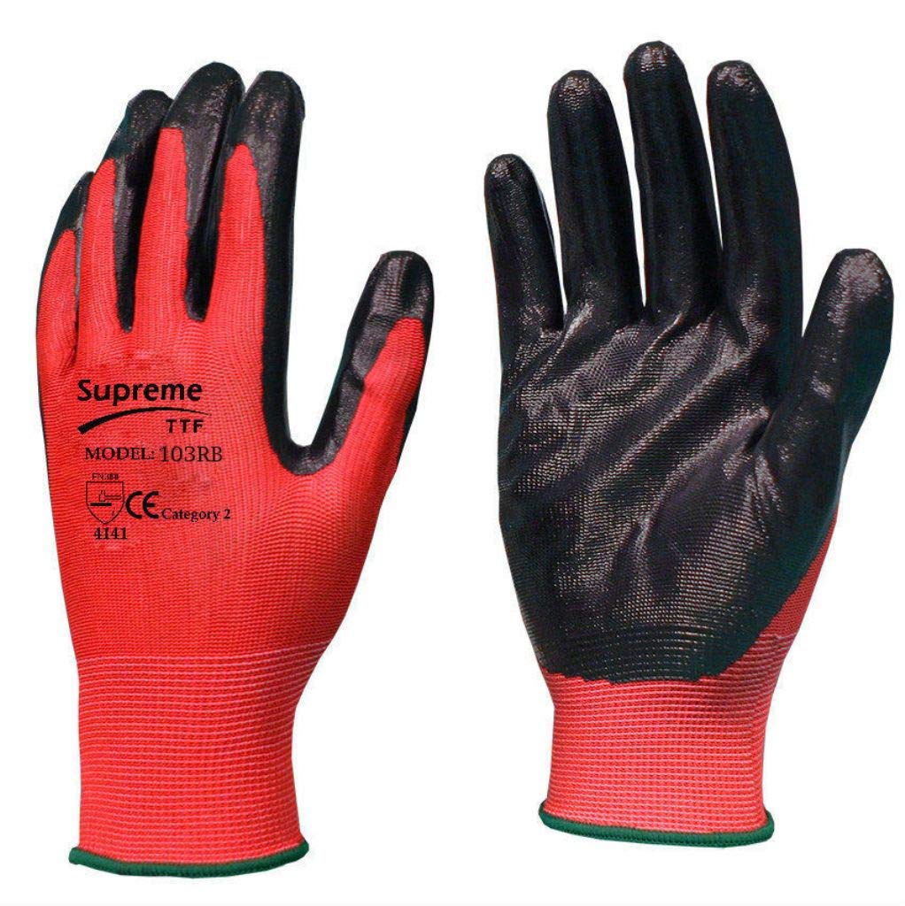 12 Pairs Red Black Nitrile Coated Nylon Safety Builders Work Gloves Construction Mechanic Grip (Size - XL / 10)
