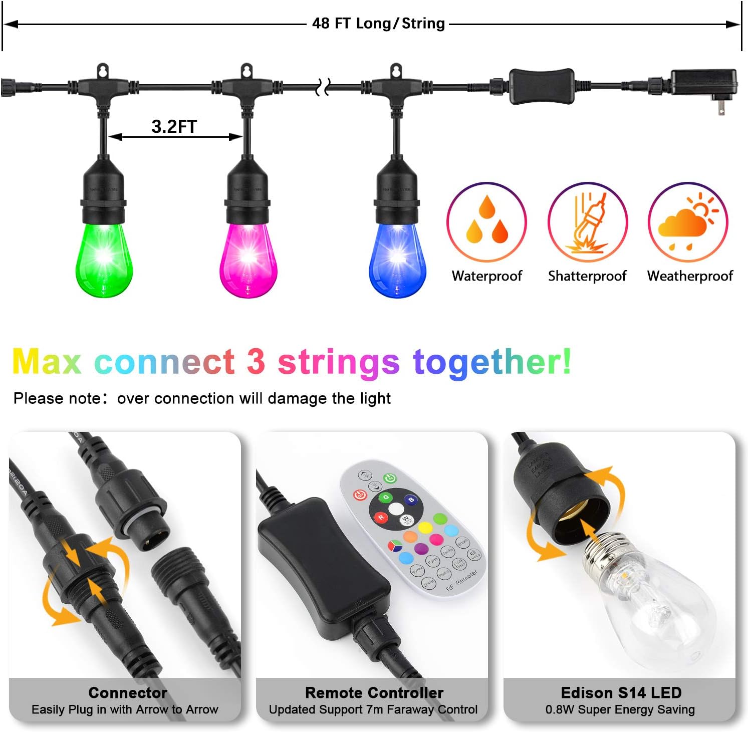 2-Pack 48FT Color Changing Outdoor String Lights, Upgraded RGB LED String Lights Music Sync with Dimmable S14 Edison Bulbs Waterproof&Shatterproof, Commercial Patio Light String for Café Backyard 96FT - - 
