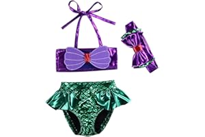 AALIZZWELL Kids Toddler Baby Girl Mermaid Swimsuits Halter Swimwear Bikini Set with Headband 3Pcs Set