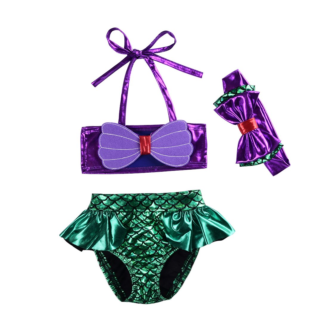 AalizzwellKids Toddler Baby Girl Mermaid Swimsuits Halter Swimwear Bikini Set with Headband 3Pcs Set
