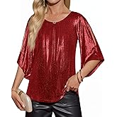 Yousify Womens 3/4 Sleeve Tops Trendy Glitter Sparkly Pleated Blouse Casual Party Crewneck Loose Fit Shirts